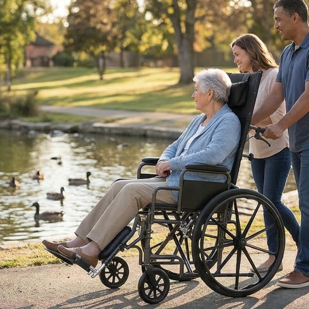 Lifestyle shot of an older woman pushing a man in the MOBB reclining wheelchair through a scenic park setting.
